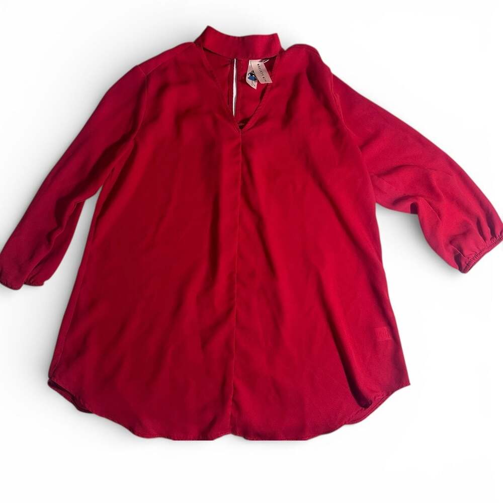 Society Girl Red Tunic Blouse Women’s Small Mandarin Collar Long Sleeve